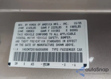 2006 Honda Accord 2.4 Ex from USA, damaged, VIN 1HGCM72616A004896